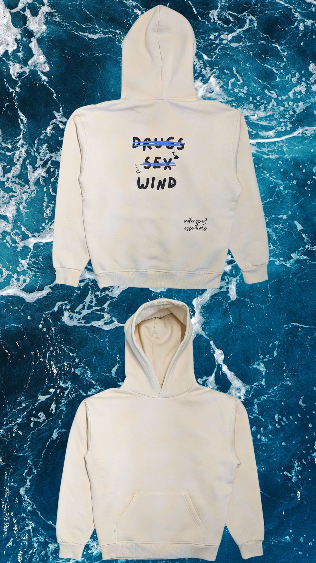 Schwarzer Oversized Hoodie aus 80% Baumwolle und 20% Polyester, ideal für Kitesurfer, Wingfoiler und Windsurfer.