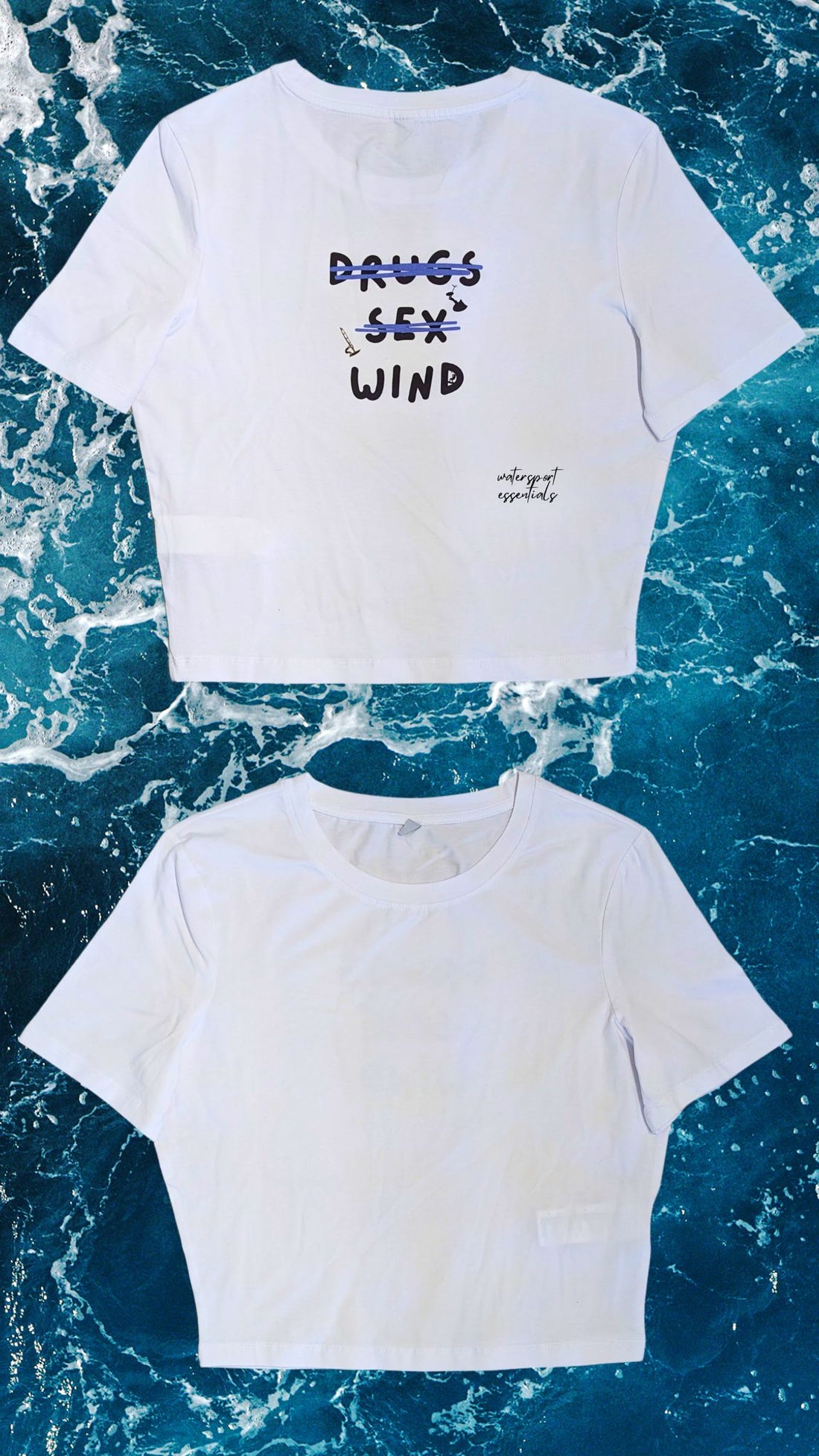 Weißes Cropped T-Shirt für Frauen, hergestellt aus 85% Baumwolle, 10% Viskose und 5% Elasthan, ideal für Kitesurfer, Wingfoiler und Windsurfer.