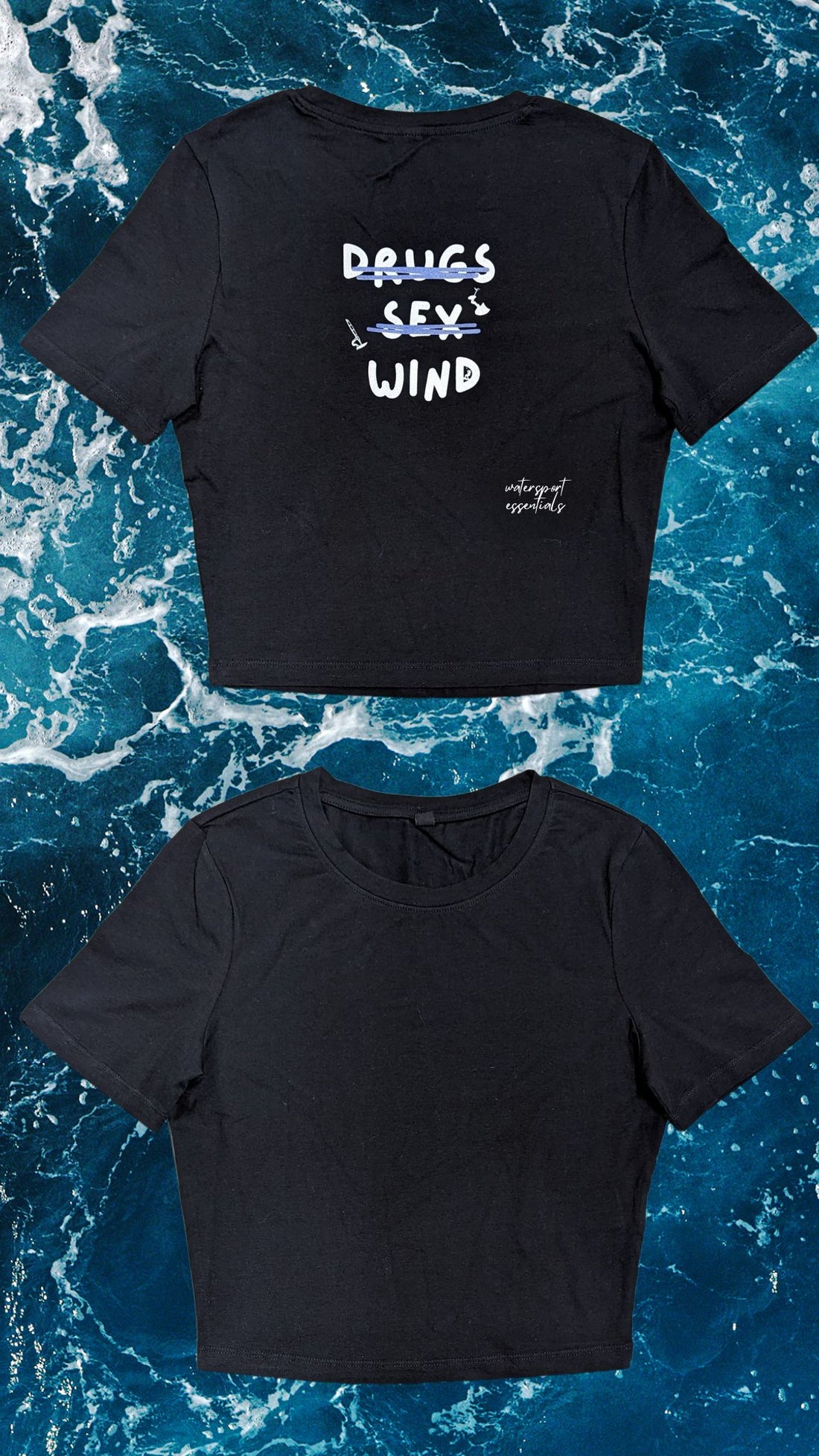 Weißes Cropped T-Shirt für Frauen, hergestellt aus 85% Baumwolle, 10% Viskose und 5% Elasthan, ideal für Kitesurfer, Wingfoiler und Windsurfer.
